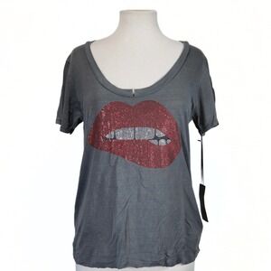 Lauren Moshi T-Shirt Womens XS NWT Grey Crystal Lip Graphic Cotton Tencel Casual